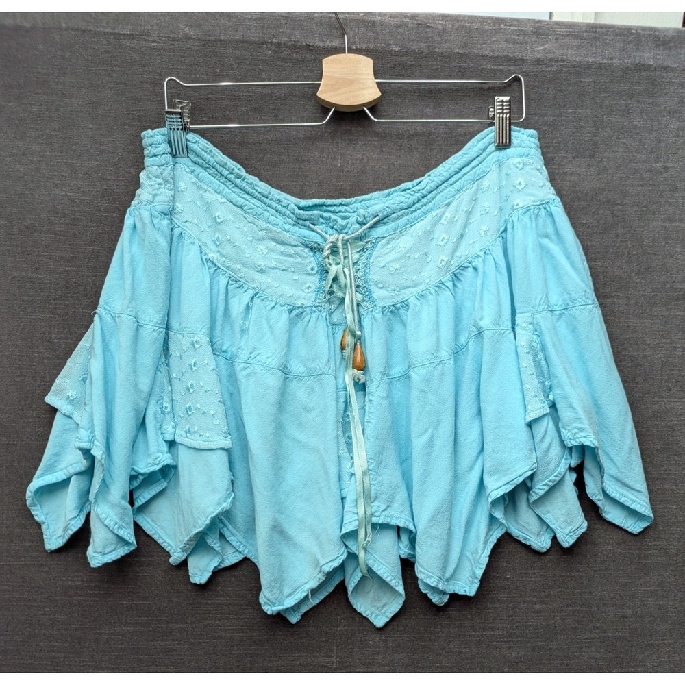 Bhag's Light Blue Mini Skirt Handkerchief Hem Embroidered Hippie Boho One Size
